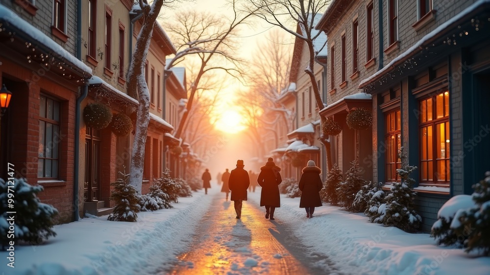 Generative AI, a couple of people walking down a snow covered street next to buildings and trees with lights on them and a sun setting in the distance, winter, a stock photo, art photography
Generative AI, a couple of people walking down a snow covered street next to buildings and trees with lights on them and a sun setting in the distance, winter, a stock photo, art photography