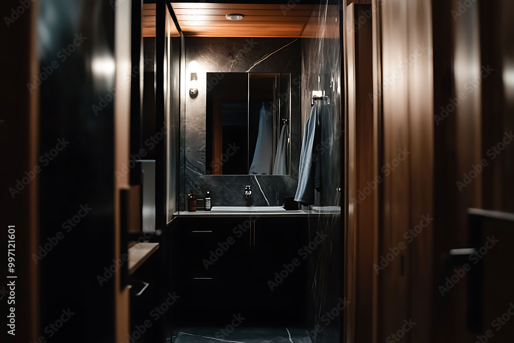 Sleek smart mirror showing biohacking insights personal optimization stats and health recommendations integrated into a modern bathroom Sleek smart mirror showing biohacking insights personal optimization stats and health recommendations integrated into a modern bathroom