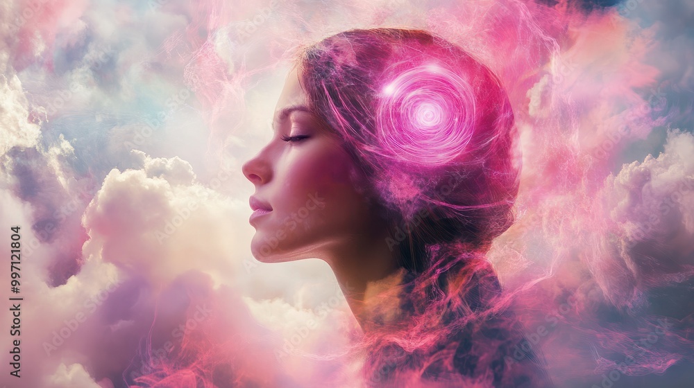 Spiritual woman, pink color cloud, life time and eternity, intersection of astral body energy field, supernatural frequency senses, consciousness healing Spiritual woman, pink color cloud, life time and eternity, intersection of astral body energy field, supernatural frequency senses, consciousness healing