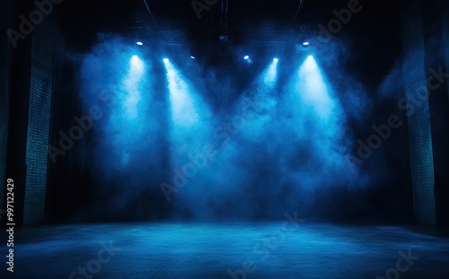 Blue spotlights illuminating an empty stage with smoke. AI generated image