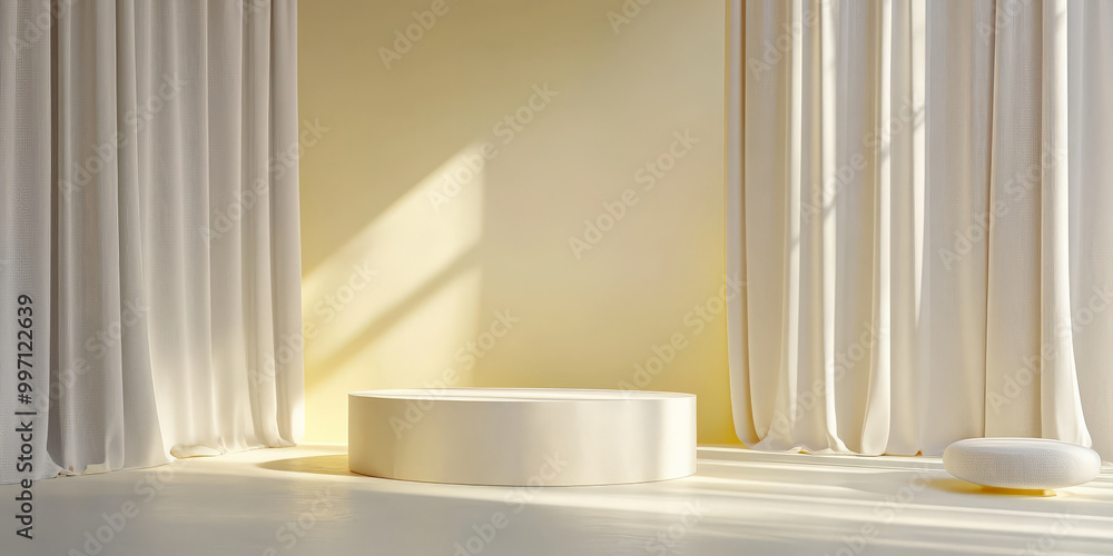 A clean podium in a soft pastel yellow with light grey curtains, lightly illuminated for a fresh, inviting product showcase. A clean podium in a soft pastel yellow with light grey curtains, lightly illuminated for a fresh, inviting product showcase.