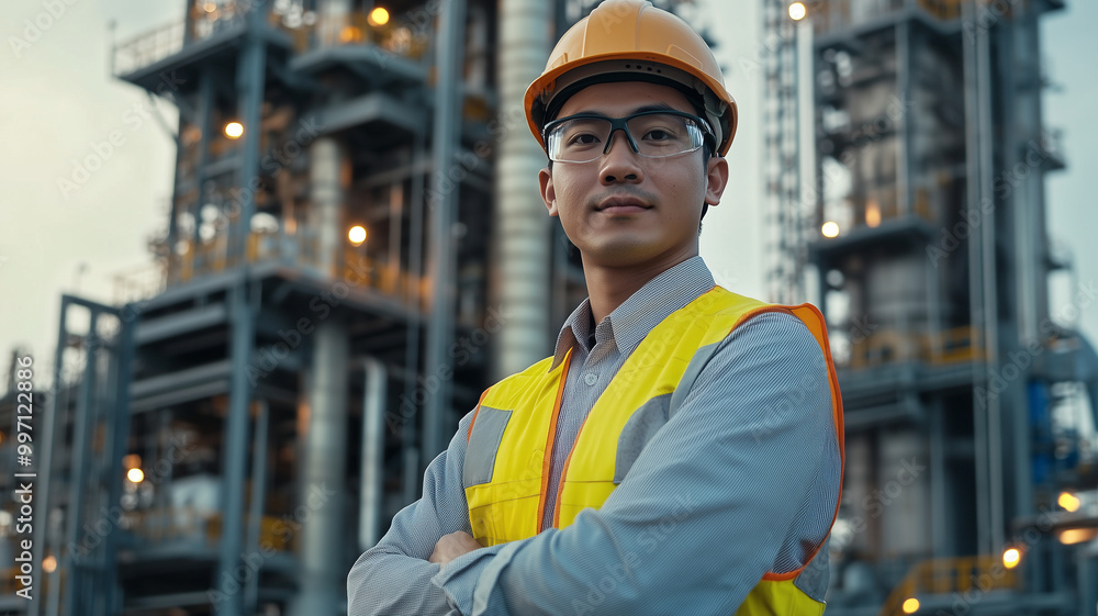 Senior asian Engineer wearing glasses helmet and safety vest in front ...