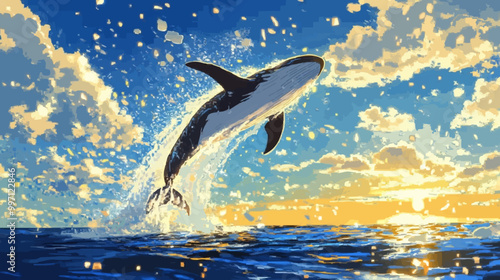 Giant Whale Jumping with Huge Splashes in Ocean