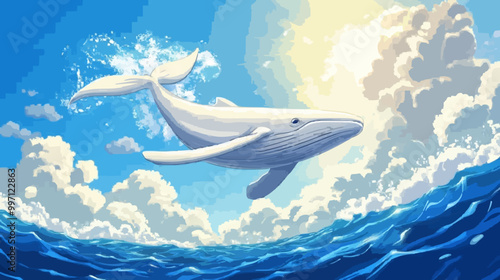 Whale Diving with Splashes in Ocean Under Sunny Sky