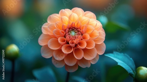 Closeup of a coral flower in full bloom in a tranquil Delaware garden. Vibrant colors lush green foliage capture summer's beauty