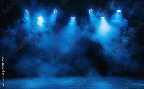 Blue spotlights illuminating an empty stage with smoke. AI generated image