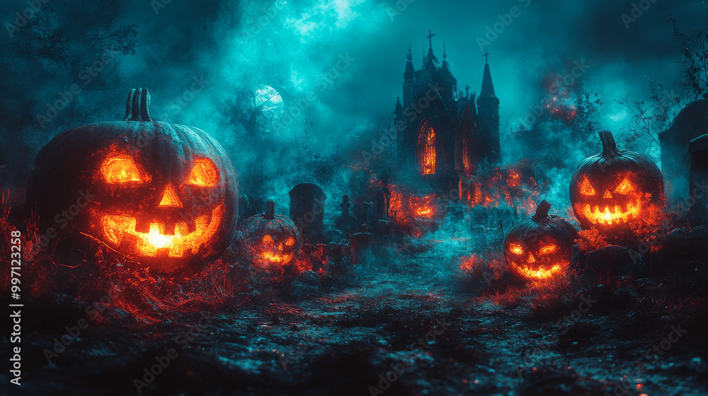Jack-o'-lanterns glow ominously in a spooky graveyard. Jack-o'-lanterns glow ominously in a spooky graveyard.