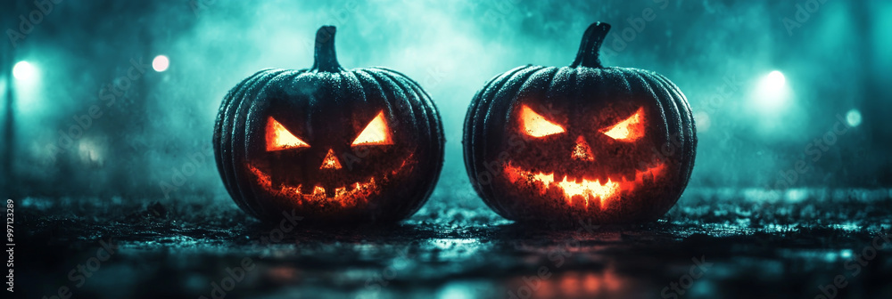 Fototapeta premium Two carved pumpkins glow ominously in the fog on Halloween night.