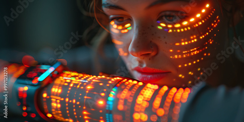 Advanced healthcare wristband tracking diet fitness nutrition glowing holographic displays providing personalized biohacking insights in a modern medical setting