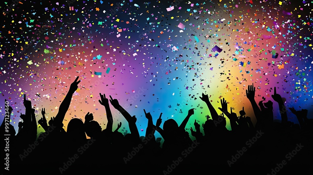 Crowd celebrating at a concert with confetti and lights. AI generated image Crowd celebrating at a concert with confetti and lights. AI generated image