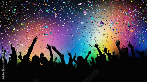 Crowd celebrating at a concert with confetti and lights. AI generated image