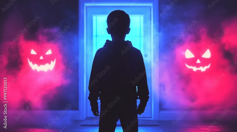 Silhouette of a young boy standing in front of a door with glowing jack ...