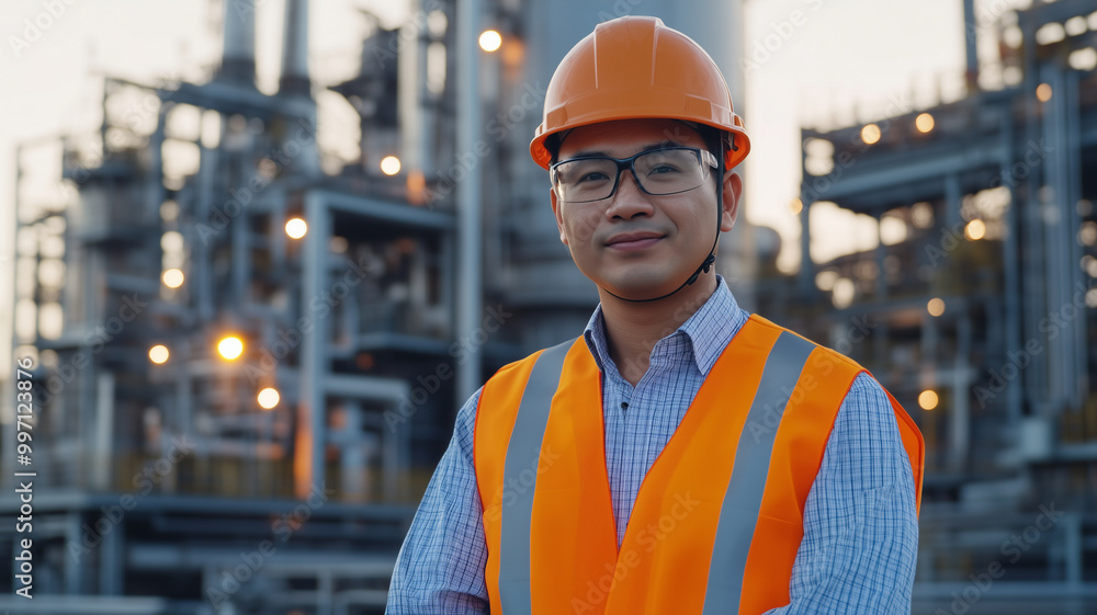 Senior asian Engineer wearing glasses helmet and safety vest in front of an industrial power plant or factory. Experienced, highly educated asian civil or industrial engineer. Middle-aged man. Senior asian Engineer wearing glasses helmet and safety vest in front of an industrial power plant or factory. Experienced, highly educated asian civil or industrial engineer. Middle-aged man.