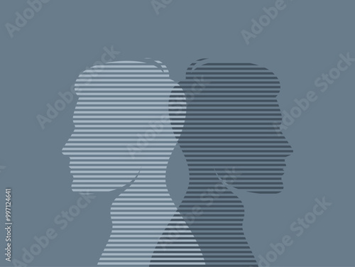 Two striped male silhouettes with their backs to each other. The concept of duality. Flat vector illustration