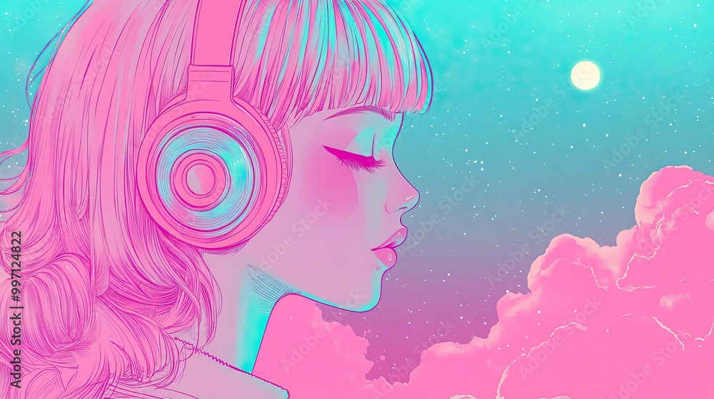 Anime-style girl with headphones in vibrant colors. AI generated image Anime-style girl with headphones in vibrant colors. AI generated image