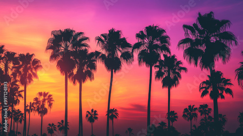 A beautiful tropical sunset with a gradient sky, transitioning from warm orange to deep pink and purple hues. Palm trees silhouette the foreground, creating a serene tropical vibe.