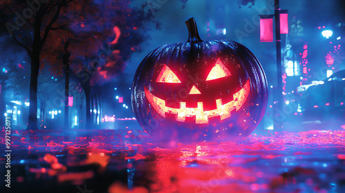 Wallpaper Mural A glowing jack-o'-lantern sits on a city street, surrounded by fog and falling leaves. Torontodigital.ca