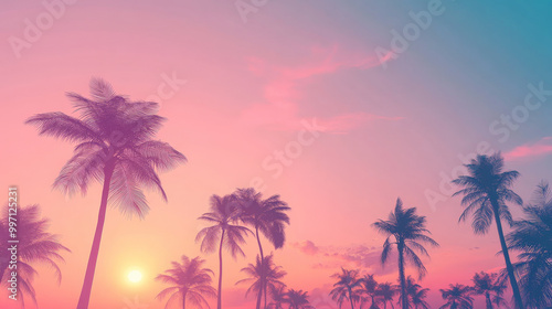 A calm tropical sunset with a smooth gradient of pastel colors, transitioning from peach to lavender. Silhouettes of palm trees sway gently in the evening breeze.