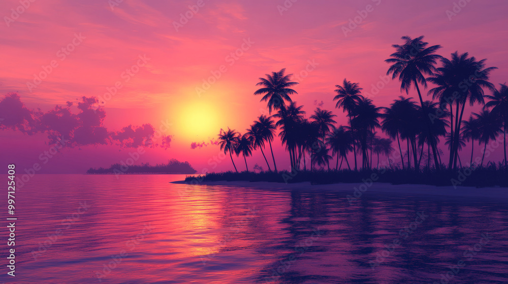 A dreamy gradient sunset over a tropical island, transitioning from pink to orange to deep purple. Silhouettes of coconut trees line the horizon. A dreamy gradient sunset over a tropical island, transitioning from pink to orange to deep purple. Silhouettes of coconut trees line the horizon.