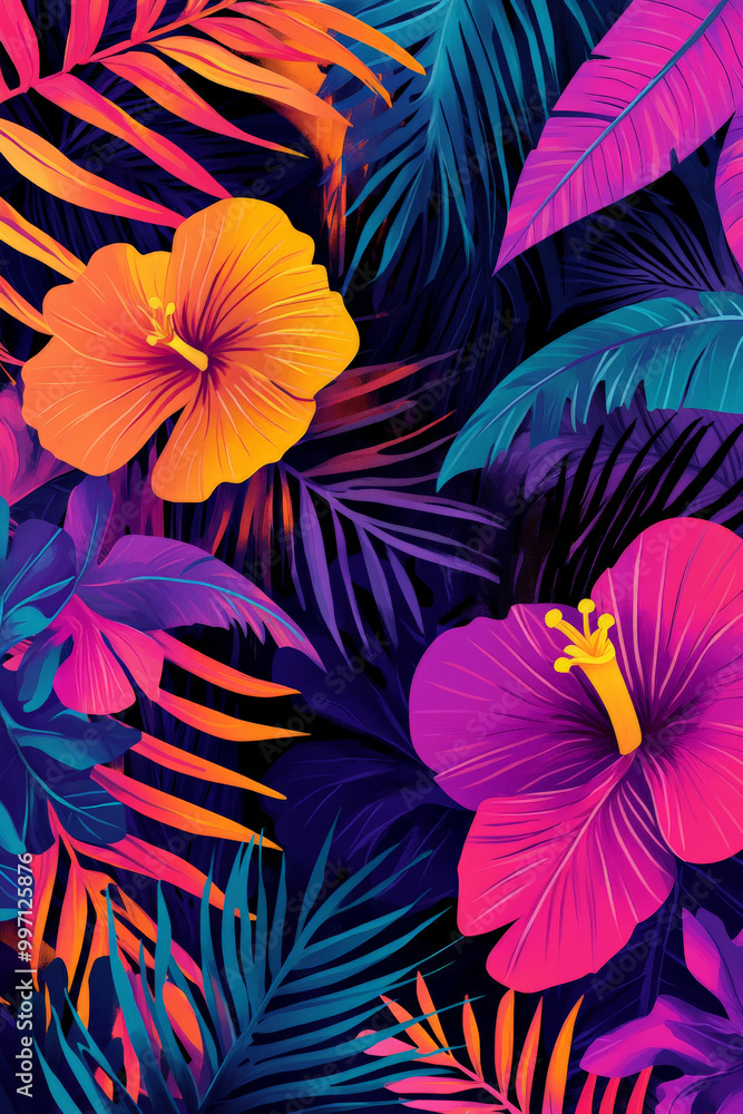 A hand-drawn tropical sunset scene with colorful abstract patterns of palm leaves, exotic birds, and hibiscus flowers in bold neon hues of pink, purple, and orange. A hand-drawn tropical sunset scene with colorful abstract patterns of palm leaves, exotic birds, and hibiscus flowers in bold neon hues of pink, purple, and orange.
