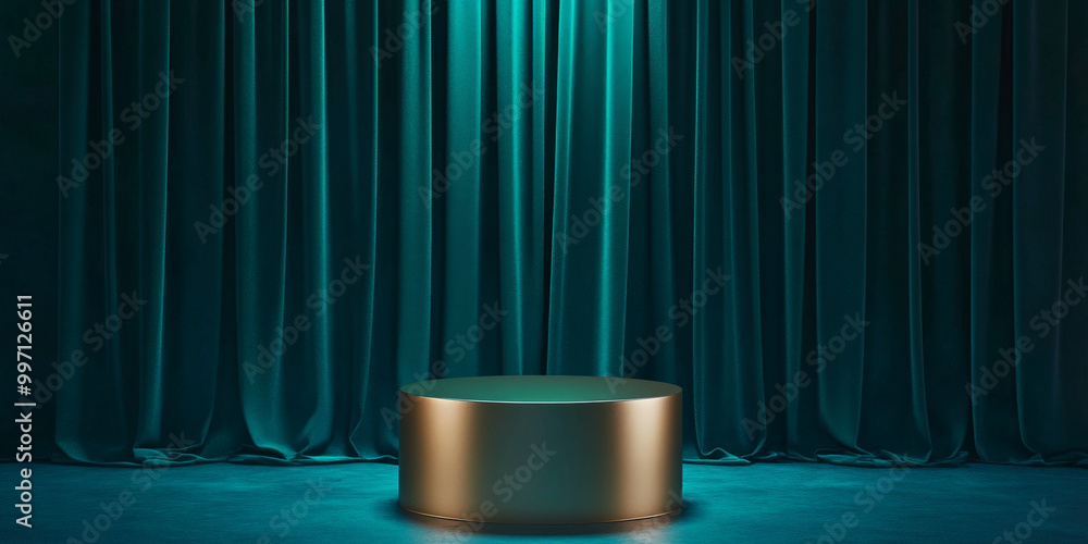 A podium in matte gold with dark teal curtains, softly illuminated by ambient lighting, creating an elegant product display backdrop. A podium in matte gold with dark teal curtains, softly illuminated by ambient lighting, creating an elegant product display backdrop.