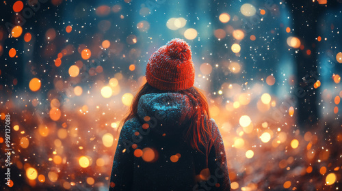 Woman in Red Hat Enjoying a Magical Winter Snowfall with Bokeh Lights