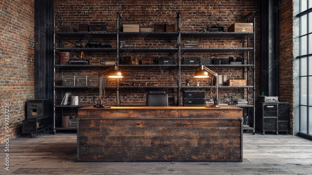 An industrial-themed workspace with a large wooden desk, metal shelving, and brick walls with vintage industrial lamps An industrial-themed workspace with a large wooden desk, metal shelving, and brick walls with vintage industrial lamps
