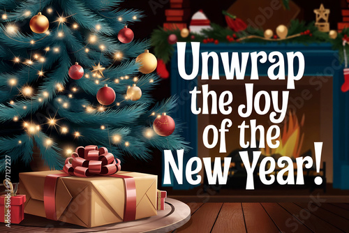 greening card, Gift Box Under Christmas Tree by Fireplace, "Unwrap the Joy of the New Year!"