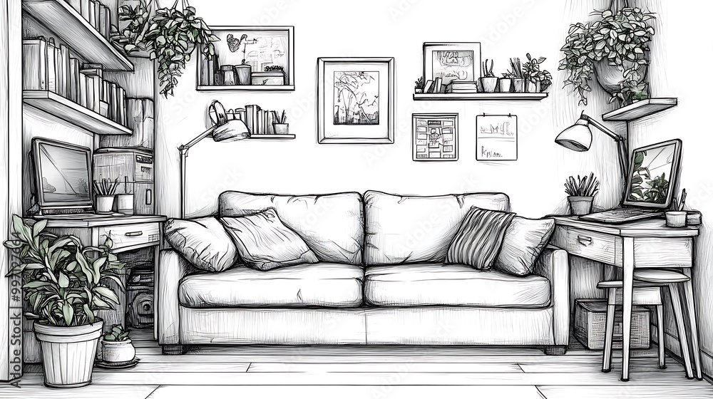 Line interior home art room design illustration outline sketch ...