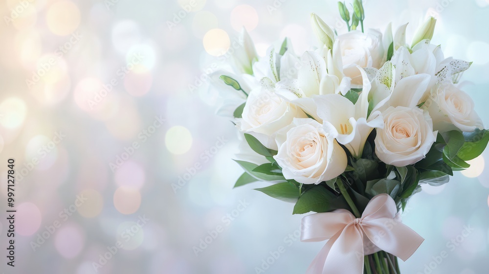 A beautiful bouquet features white roses and lilies, artistically tied with a soft silk ribbon, set against a dreamy pastel backdrop. Generative AI A beautiful bouquet features white roses and lilies, artistically tied with a soft silk ribbon, set against a dreamy pastel backdrop. Generative AI