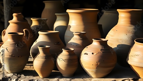 Warmly lit rustic pottery showcasing traditional craftsmanship in diverse shapes and sizes photo