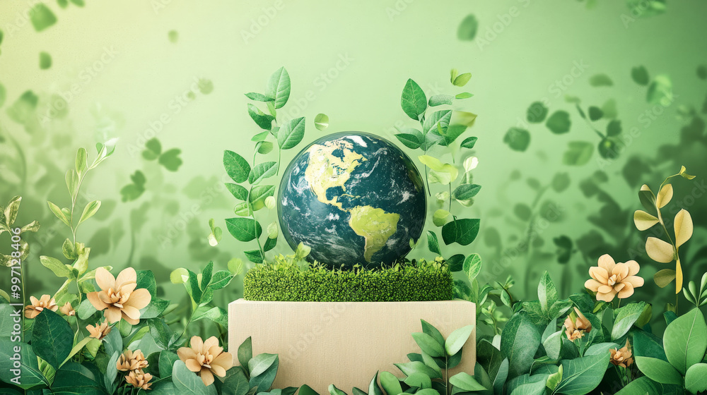 A podium with eco-friendly symbols, green vines, and an Earth globe surrounded by flowers, celebrating nature and sustainability on Earth Day. A podium with eco-friendly symbols, green vines, and an Earth globe surrounded by flowers, celebrating nature and sustainability on Earth Day.