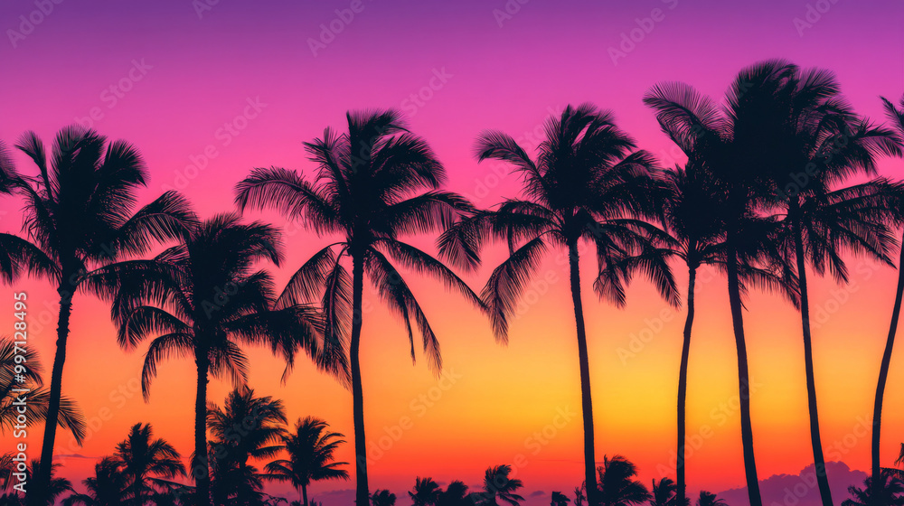 Naklejka premium A smooth gradient tropical sunset, transitioning from fiery orange to deep purple. The silhouette of palm trees sways gently in the breeze.