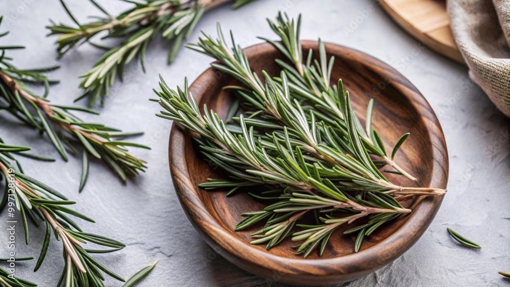 Collection of Rosemary twig and green leaves for garnish food menu isolated on background, flat lay of fresh vegetable herb.