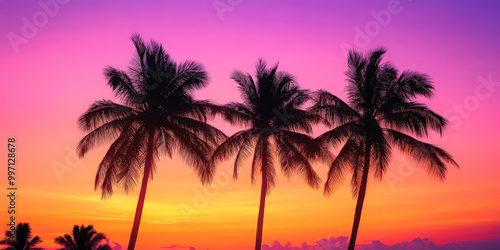 A gradient sky from warm orange to cool violet at sunset, with palm trees swaying gently in the tropical breeze against the horizon.