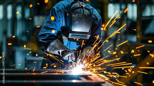 A welder working on metal, creating sparks in an industrial setting.