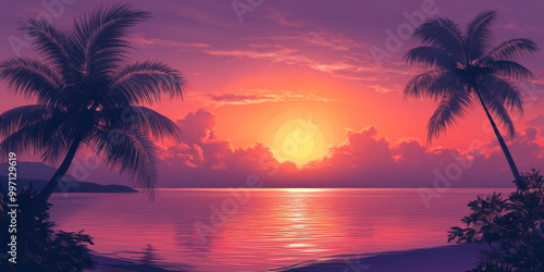 A smooth gradient sky from deep pink to soft orange and purple, with a tropical sunset over calm waters and palm trees swaying in the breeze.