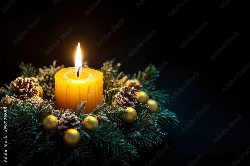 Low angle view of beautiful advent wreath with one burning candle on black background - generative ai Low angle view of beautiful advent wreath with one burning candle on black background - generative ai