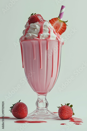 classic strawberry milkshake on a pure white background, capturing the vibrant pink color and creamy texture in a simple, clean setting. Generative AI