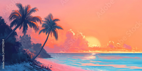 A gradient tropical sunset sky blending warm orange and pink tones with soft blues, creating a serene backdrop for a palm-lined beach.