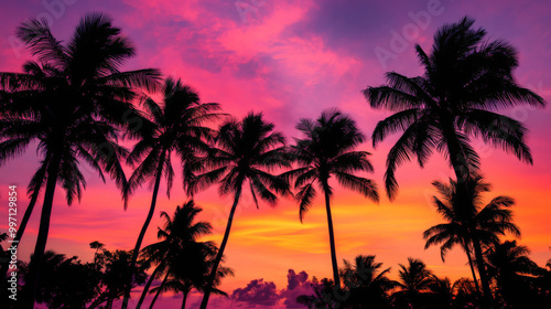 A beautiful tropical sunset with a gradient sky, transitioning from warm orange to deep pink and purple hues. Palm trees silhouette the foreground, creating a serene tropical vibe.