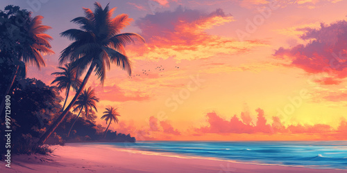 A gradient tropical sunset sky blending warm orange and pink tones with soft blues, creating a serene backdrop for a palm-lined beach.