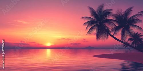 A smooth gradient sky from deep pink to soft orange and purple, with a tropical sunset over calm waters and palm trees swaying in the breeze.
