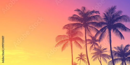 A gradient sky from warm orange to cool violet at sunset, with palm trees swaying gently in the tropical breeze against the horizon.