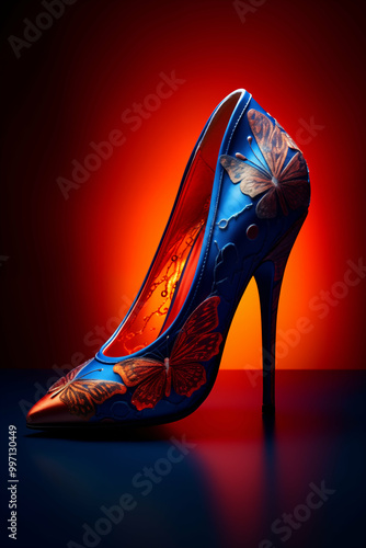 butterfly-inspired stiletto heels in bold blue, red, and orange hues, captured in dynamic fashion photography with dramatic lighting for a luxury shoe designer. Generative AI