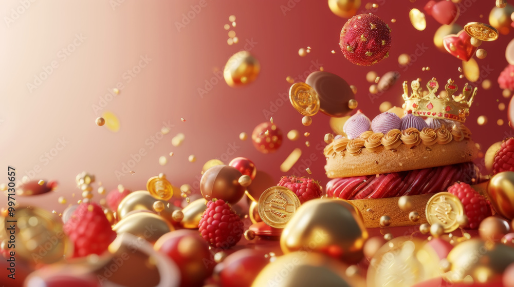 Naklejka premium Festive Epiphany Celebration with King Cake and Golden Decorations