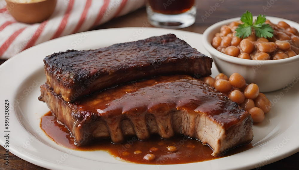 bbq ribs and baked beans on a plate bbq ribs and baked beans on a plate