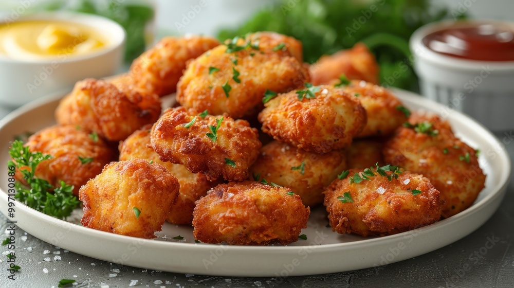 A plate of crispy fried chicken nuggets with a side of yellow mustard dipping sauce. A plate of crispy fried chicken nuggets with a side of yellow mustard dipping sauce.
