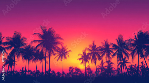A beautiful tropical sunset with a gradient sky, transitioning from warm orange to deep pink and purple hues. Palm trees silhouette the foreground, creating a serene tropical vibe.