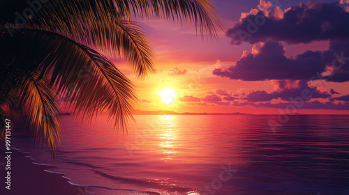 A tropical sunset with a smooth gradient from bright yellow to deep red, softly transitioning into twilight purples as the sun dips below the horizon.